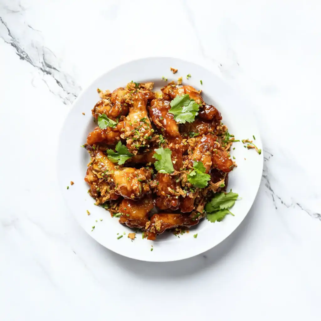 Teller mit Hähnchenflügeln in Bourbon-Vanille Sauce, garniert mit Kräutern - Mietkoch Aachen. Dieses und weitere Rezepte bei Taste and Table.